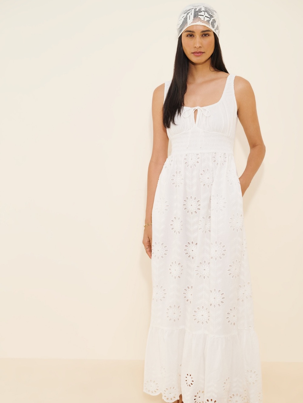 Saylor Shoshanna Maxi Dress White Eyelet with Scoop Neck Size Medium